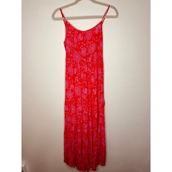 Lush Red & Pink Scoop Neck Open Tie Back Floral Print Boho Midi Sun dress S - Picture 4 of 13
